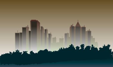 city skyline illustration. The background is a gradient of light brown and beige with a hint of blue at the bottom. There are skyscrapers in the center. Buildings against the sky, creating a sense of depth and size. clipart