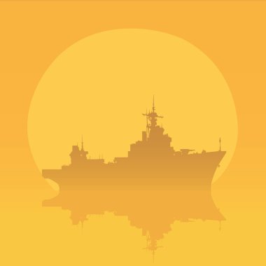 silhouette of a battleship in the middle of a pond. . The sky is bright orange. The water is calm and still, reflecting the ship and the surrounding landscape. The image evokes a feeling of peace and serenity. clipart