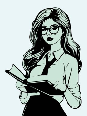 Uzun dalgalı saçlı ve gözlüklü bir öğretmene benzeyen genç bir kadının siyah beyaz çizimi. Ellerinde bir kitap tutuyor. Kadın derin düşüncelere dalmış, yüzünde ciddi bir ifadeyle. Arkaplan düz beyaz.