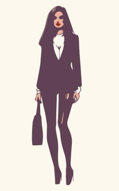 Vector color illustration of a beautiful young woman in a fashionable business suit with a bag, for the design of prints in a simplified style on the theme of beauty and fashion