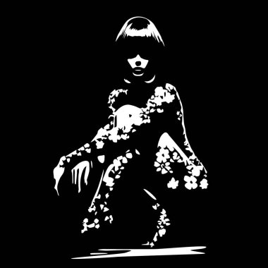 Siyah arka planda beyaz çizim tarzında şık bir kız. Çizimlerinizin tasarımı için biçimlendirilmiş resim ile vektör illüstrasyonuName