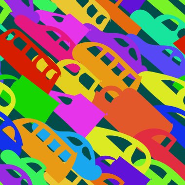 Basit figürler şeklinde tasvir edilen arabalarla kusursuz renkli desenler. Vektör çizimi. Eps 10. Tasarımlarınızın tasarımı ve motor taşıma biçimindeki arka planlarınız için