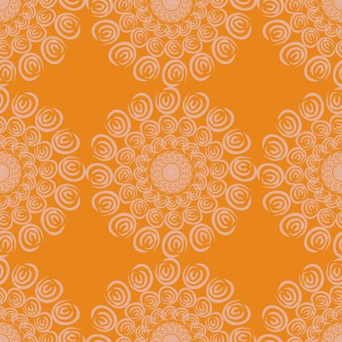 Turuncu arkaplanda süs şeklinde mandalalar olan kusursuz desenler. Tasarımlarınızı soyut bir şekilde dekore etmek için vektör illüstrasyonuName