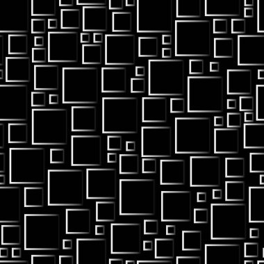 Kusursuz soyut kare kalıpları. Siyah zemin üzerinde beyaz kare şeklinde üç boyutlu desenler. Dokularınızın tasarımı için vektör düzenli dokusu, soyut geometrik biçimdeki kumaş ve paketlerdeki baskılar.