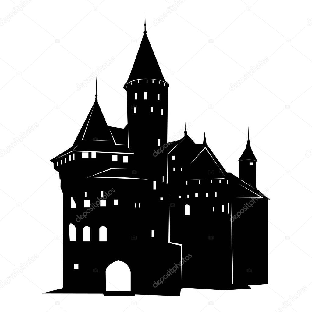 Medieval castle icon in the form of a black silhouette with window and door openings on a white background. Simple illustration of a medieval castle vector icon for web and For the design of laconic and thematic icons of the Middle Ages
