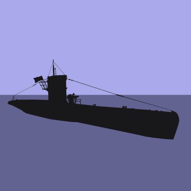 Denizaltının silueti denizde. Mavi tonlarda vektör illüstrasyonları, tasarımı için şık sembolik güçlü deniz askeri çizimleri ve siluetleri