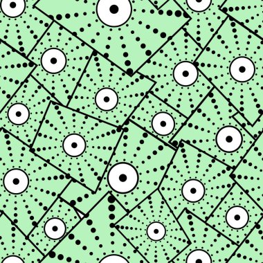Dairesel ve noktalı kusursuz soyut desen, yeşil arkaplanda dikdörtgenler. Tasarımlarınızı soyut bir şekilde dekore etmek için