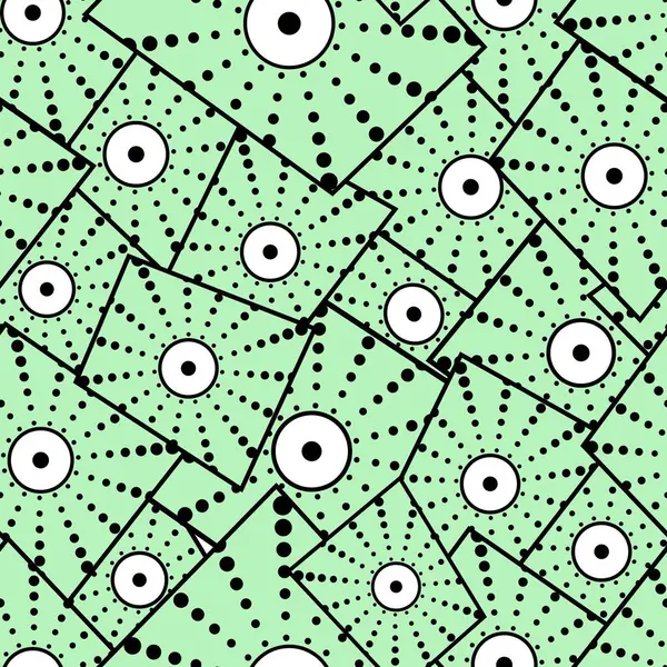 Dairesel ve noktalı kusursuz soyut desen, yeşil arkaplanda dikdörtgenler. Tasarımlarınızı soyut bir şekilde dekore etmek için
