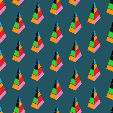 Renkli geometrik figürlerle, oyuncak piramitler şeklinde kusursuz tekrarlayan desenler. Soyut arkaplan. Vektör çizimi. Soyut geometrik figürlerinizi süslemek için