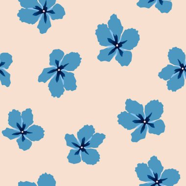 Açık bej arkaplanda mavi çiçekli kusursuz desen, vektör illüstrasyon eps10, tekstil baskıları ve çiçek tasarımları için