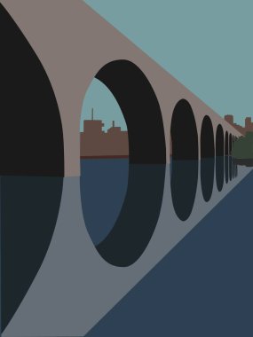 Nehrin üzerindeki köprü kemerli açıklıklarla ve suda yansımalarla ve arka planda şehir çizgileriyle. Düz bir şekilde renkli vektör çizimi. EPS10. Tasarımlarınız için, kentsel manzaralar ve mimari sahneler yaratmak için.