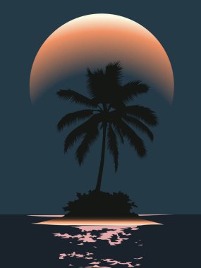 Adanın ortasında, dolunay ve ay ışığı sulara yansıyan koyu renk palmiye ağacı silueti. Turuncu ve mavi tonlarda vektör çizimi. Sihirli gece sahneleri yaratmak için