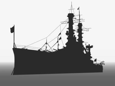 Gri ve beyaz tonlarda 20. yüzyılın başındaki bir savaş gemisinin siyah silueti. Tasarımlarınız için vektör illüstrasyonu