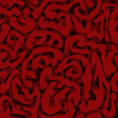 Koyu arkaplanda çeşitli kırmızı pürüzsüz şekilleri olan pürüzsüz bir desen. Tasarımlarınızı soyut bir şekilde dekore etmek için vektör illüstrasyonuName.