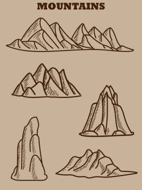 Dağlar. Elle çizilmiş vektör dağları. Oyun haritası ve sahne tasarımı için vektör illüstrasyonu.