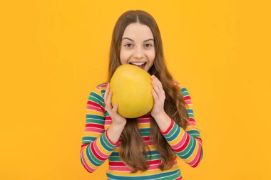 Teenage girl hold citrus fruit pummelo or pomelo, big grapefruit isolated on yellow background. Summer fruits