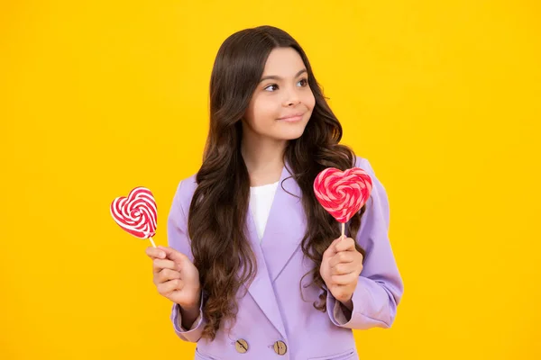 Teen Girl Hold Lollipop Caramel Yellow Background Candy Shop Teenager — Stockfoto