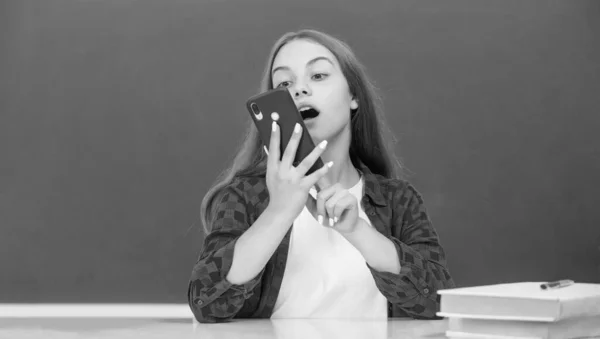 Happy Teen Girl Talking Mobile Phone High School Blackboard Voice — 图库照片