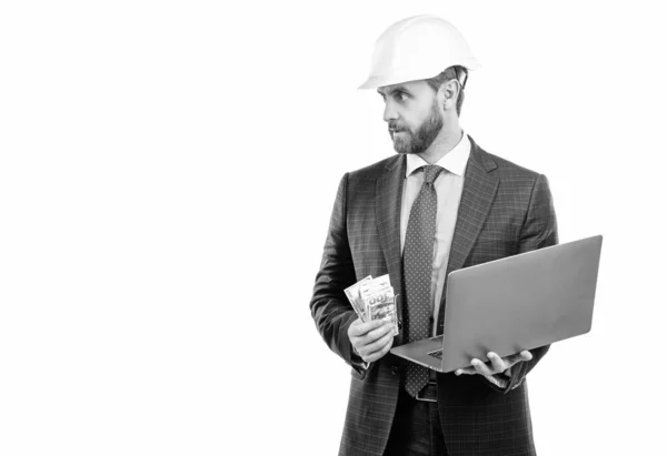Professional Man Engineer Hardhat Suit Hold Money Laptop Isolated White — Stock Fotó