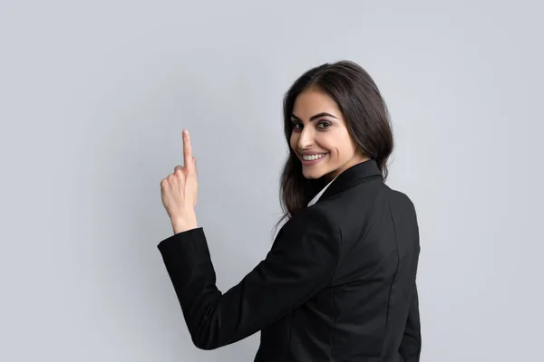 Woman Point Copy Space Showing Copyspace Pointing Promo Girl Showing — Stock Photo, Image