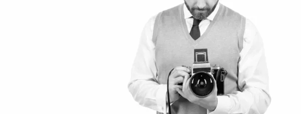 Обрезанный Человек Провести Ретро Фотокамеру Изолированы Белом Фоне Копировать Пространство — стоковое фото