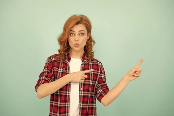 Funny Redhead Woman Checkered Shirt Point Finger Blue Background — Stock Fotó