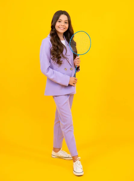 Teen Girl Badminton Player Badminton Racket Isolated Yellow Background — 图库照片