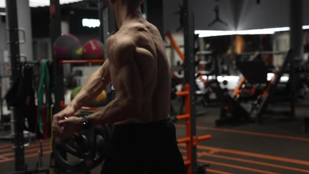 Back View Muscular Sportsman Sport Gym Landmine Exercise Sport Sportsman — Stock Video