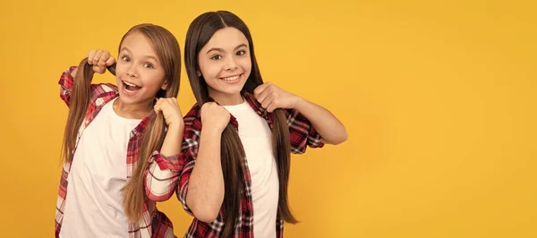 Happy Children Casual Checkered Shirt Hold Long Straight Hair Yellow — Stok fotoğraf