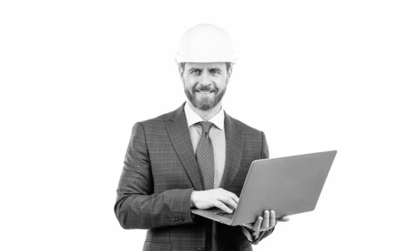 Happy Businessman Man Suit Safety Helmet Wotking Computer Online Isolated — Stock Photo, Image