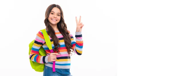 stock image Schoolgirl with backpack. Teenager student, isolated background. Learning and knowledge. Banner of schoolgirl student. School child pupil portrait with copy space