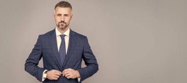mature ambitious man businessman in businesslike suit has grizzled hair, business success. Man face portrait, banner with copy space