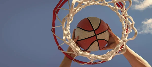 Hands Basketball Player Throws Ball Hoop Success Horizontal Poster Design — Stok fotoğraf