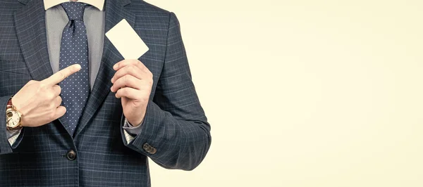 Cropped Man Suit Pointing Finger Empty Debit Business Card Copy — Stok fotoğraf
