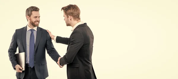 Man Face Portrait Banner Copy Space Handshake Colleagues Successful Negotiations — ストック写真