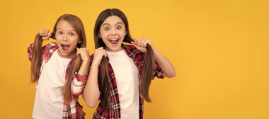 Sıradan tişörtlü, şaşkın çocuklar sarı arka planda uzun düz saçlı, saç stili. Çocuk saç bakımı, yatay poster. Kopyalama alanı olan başlık