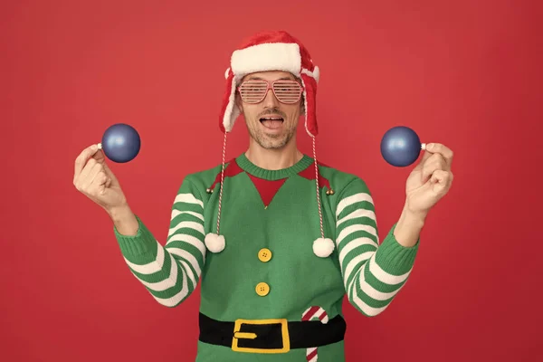 Amazed Man Elf Costume Santa Claus Hat Guy Party Glasses — 图库照片