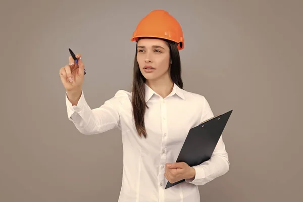 Young Woman Construction Manager Woman Builder Isolated Portrait Protect Helmet — Zdjęcie stockowe