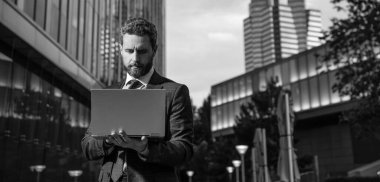 Konsantre olmuş serbest çalışan adam blog 'u çevrimiçi. İş adamı blog yazmak için dizüstü bilgisayar kullanıyor. Sosyal ağ ve web günlüğü. İş bilgisayarı iletişimi. Modern teknoloji. İnternet erişimi. e- postayı kontrol et.