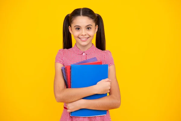 Teen Girl Pupil Hold Books Notebooks Isolated Yellow Background Copy — Fotografia de Stock