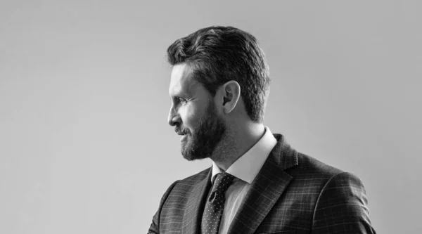 Profile Portrait Happy Business Professional Man Smiling Grey Background Copy — Stock Photo, Image