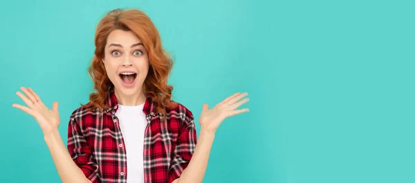 Amazed Redhead Woman Curly Hair Checkered Casual Shirt Amazement Woman — Stock Photo, Image