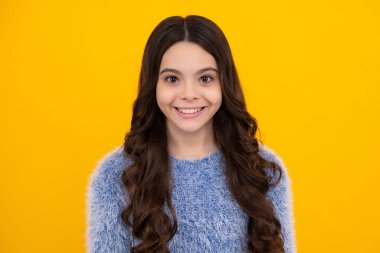 Mutlu ergen, pozitif ve gülümseyen genç kız duyguları. 12, 13, 14 yaşlarında küçük bir kız çocuğu stüdyo fotoğrafı. Kafkas ergen çocuğun yakın plan portresi.
