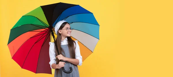 Happy Teen Girl Beret Colorful Umbrella Rain Protection Autumn Season — Stock Photo, Image
