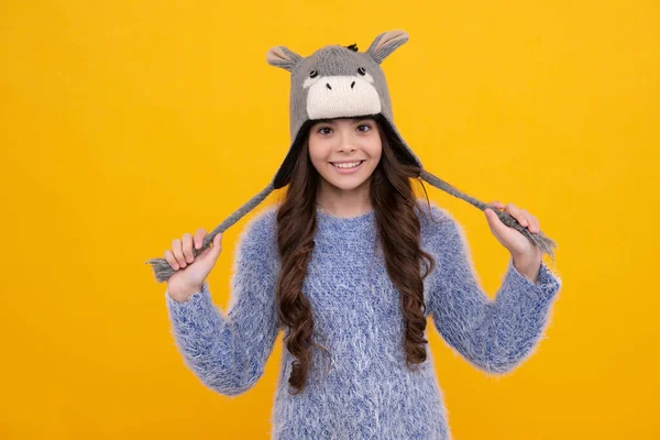 배경에 스웨터를 모자를 소녀들의 긍정적 미소짓는 — 스톡 사진