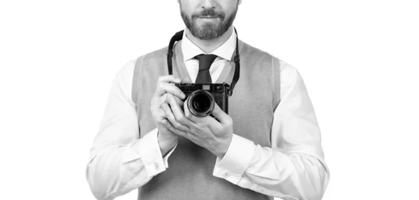 Homem Cortado Segurar Câmera Foto Retro Isolado Fundo Branco Espaço — Fotografia de Stock