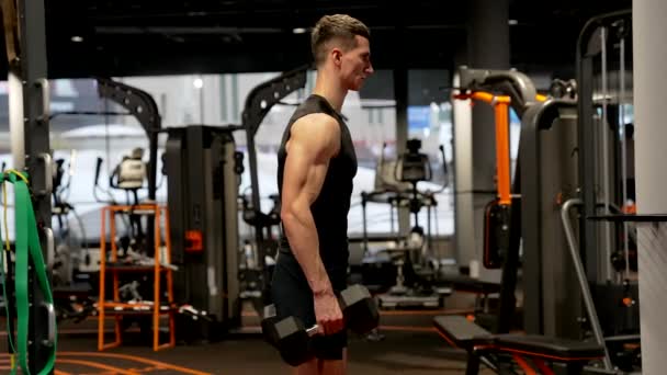 健美健美运动员在健身房做哑铃二头肌三头肌运动 健美的男人抽动手臂肌肉 — 图库视频影像