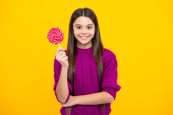 Teenager Girl Caramel Candies Sticks Sweet Sugar Addiction Child Lollipops — Stock Photo, Image
