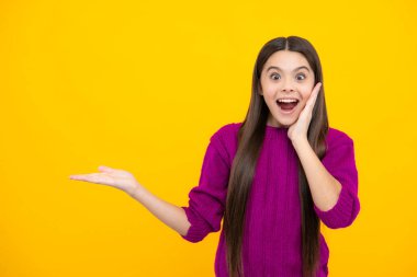 Wow, its unbelievable. Shocked teenager child pointing aside at copy space. Teen girl pointing with two hands and fingers to the side. Excited face. Amazed expression, cheerful and glad