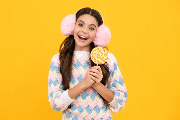 Tiener Meisje Die Suiker Lolly Eet Snoep Snoep Voor Kinderen — Stockfoto